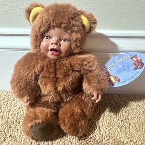 Vintage Anne Geddes Bear Plush Baby Doll African-American Tags Brown Fur Bean
